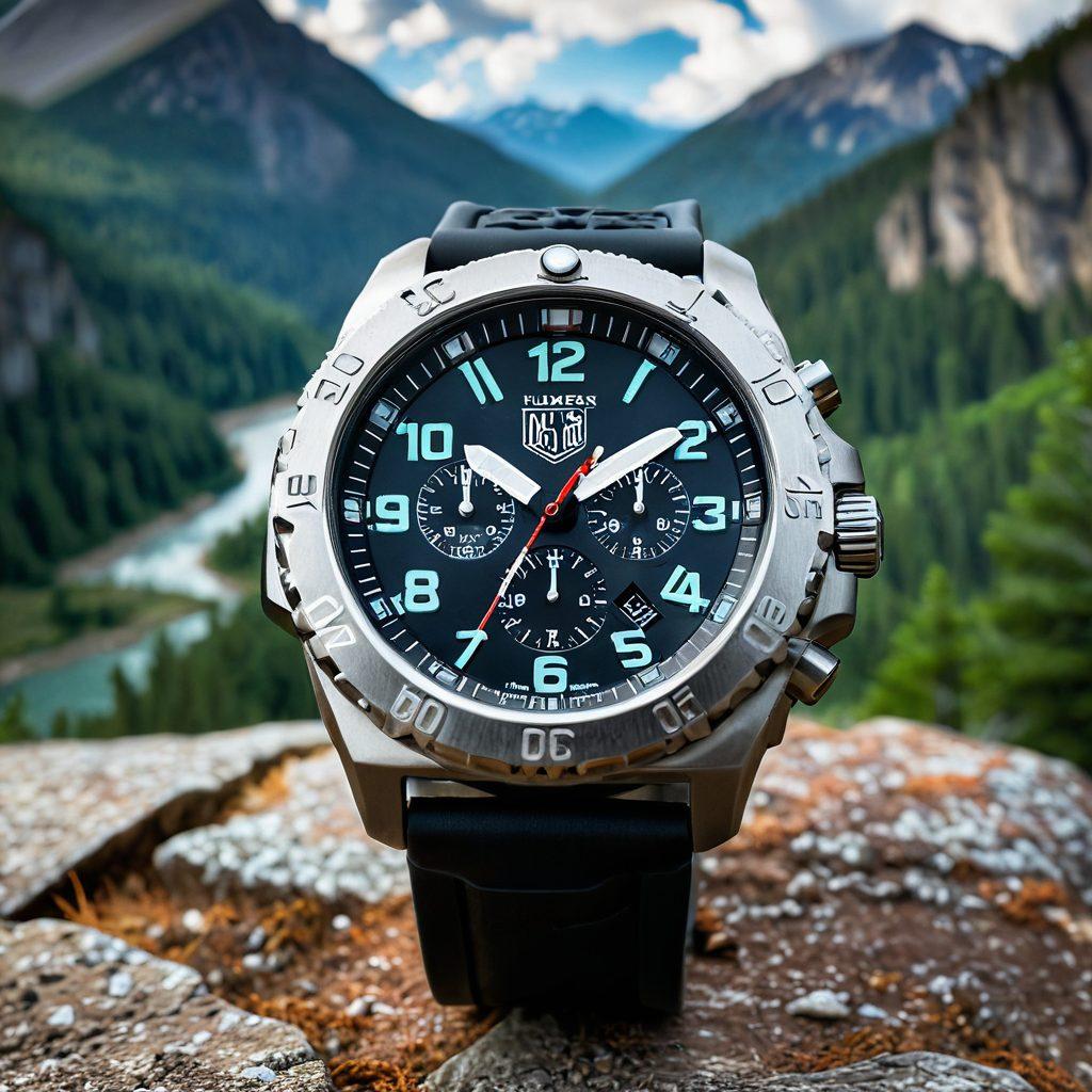 A stunning close-up of a rugged Luminox watch, adorned with intricate details and showcasing its luminescent features, set against a backdrop of an adventurous outdoor landscape like mountains and forests. Highlight the watch's durability and style, with adventurous gear like a compass and map in the foreground. The lighting should create dramatic shadows, emphasizing the watch's elegance and strength. photography. vibrant colors. dynamic composition.