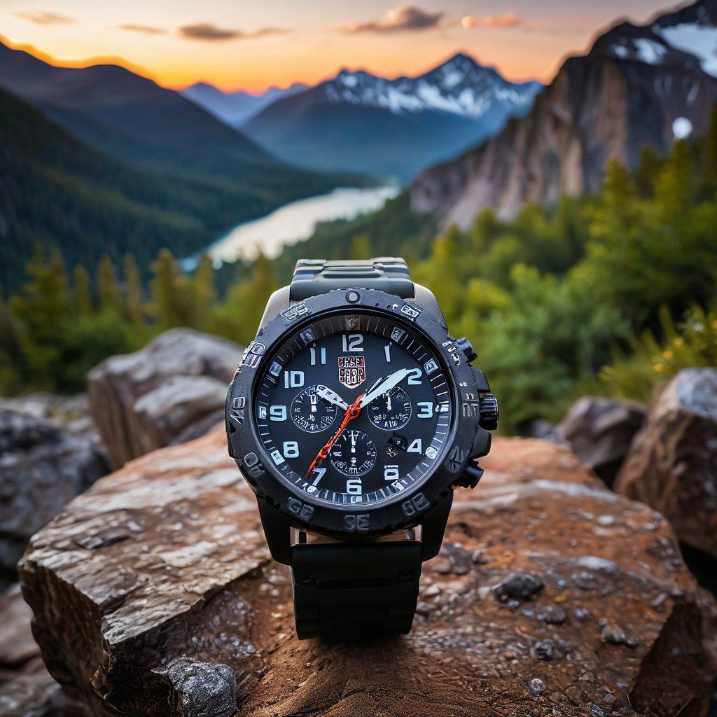 A sleek Luminox watch prominently displayed on a rugged terrain, surrounded by outdoor exploration gear like a compass and hiking boots. The watch glimmers under natural sunlight, emphasizing its stylish design and durable features. In the background, majestic mountains rise, symbolizing adventure and exploration. The color palette includes earthy tones with a hint of vibrant sunset hues. super-realistic. vibrant colors. natural setting.