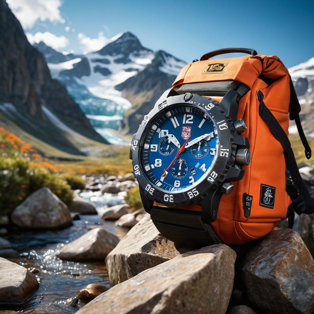 A dynamic composition showcasing various Luminox timepieces arranged on rugged outdoor gear, emphasizing their versatility from water-resistant features to tactical designs. Include elements like a rugged mountain backdrop and splashes of water to highlight durability. Incorporate a soft light effect that glints off the watch faces, enhancing their details. super-realistic. vibrant colors. 3D.